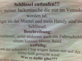 Schl�ssel entlaufen schl�ssel aushang verloren zettel verzweiflung 