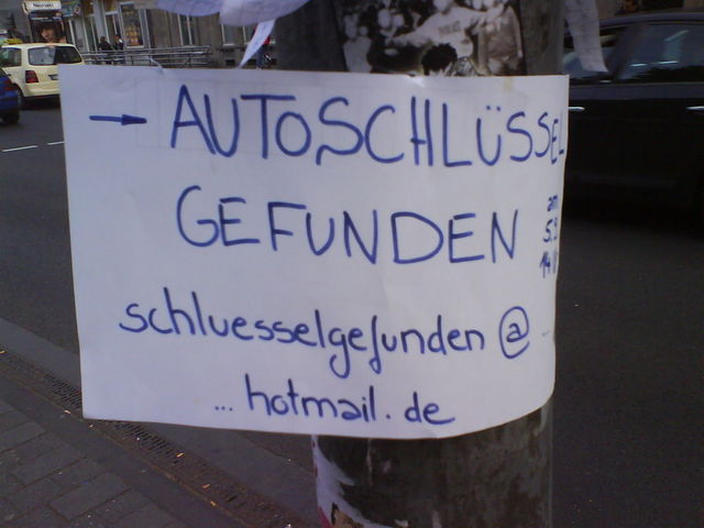 schluesselgefunden@hotmail.de gefunden schluessel verloren email neumarkt schild zettel 