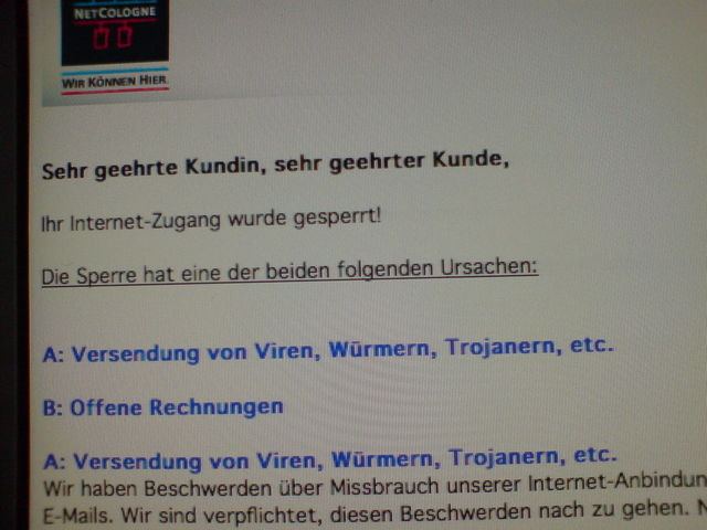 heute fr�her feierabend. trojaner viren w�rmer netcologne 